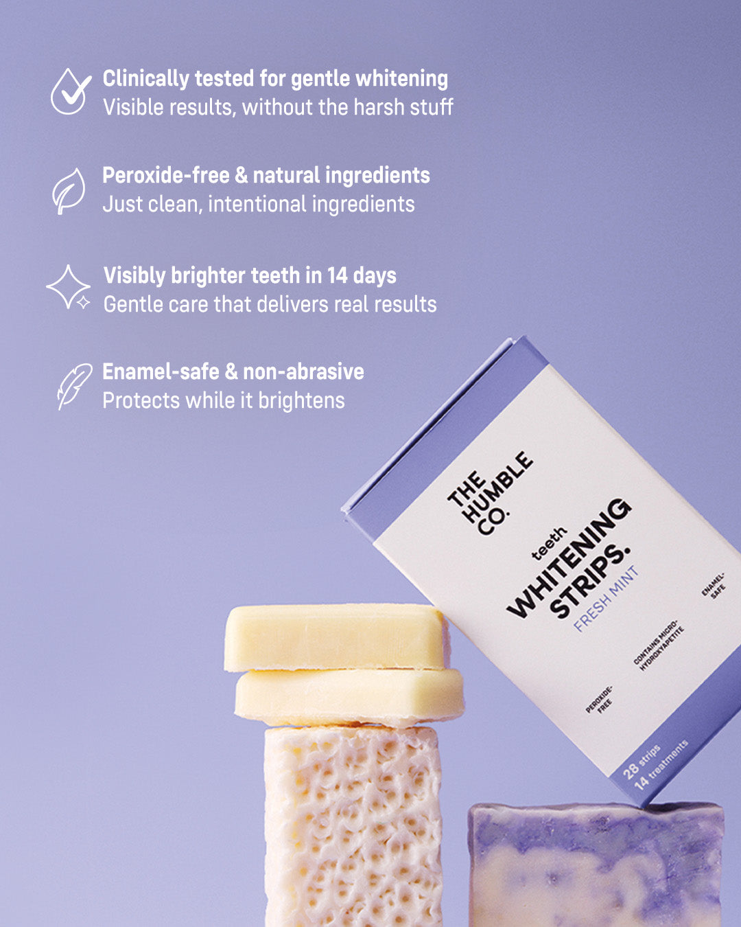 The Humble Co. whitening strips packaging with text on a purple background