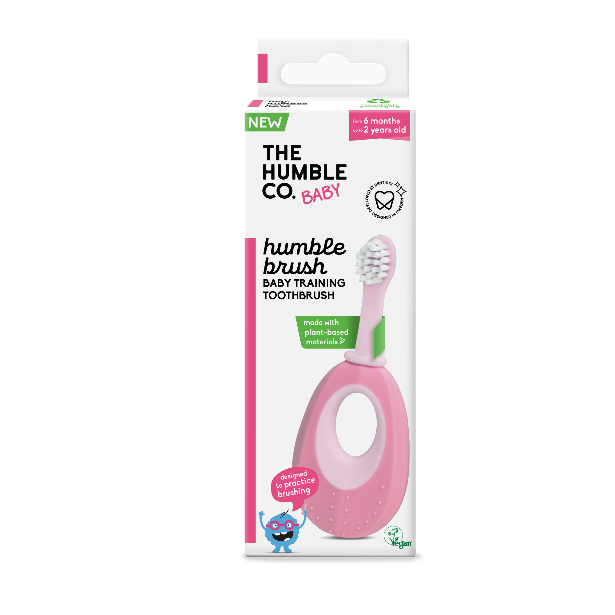 Packaging of The Humble Co. baby toothbrush with a pink toothbrush visible through the box window, marked as new
