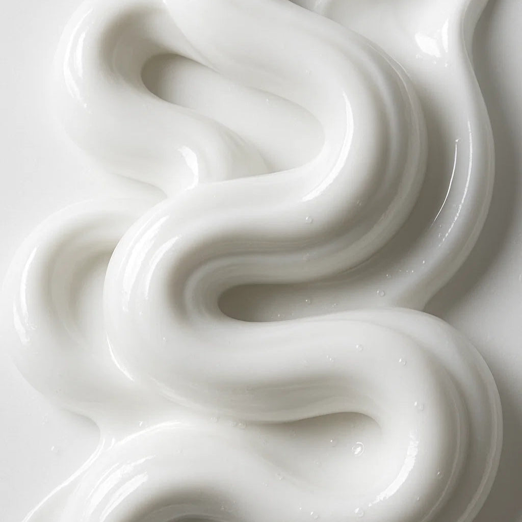 Close-up of white cream or yogurt with a swirling pattern on a white background