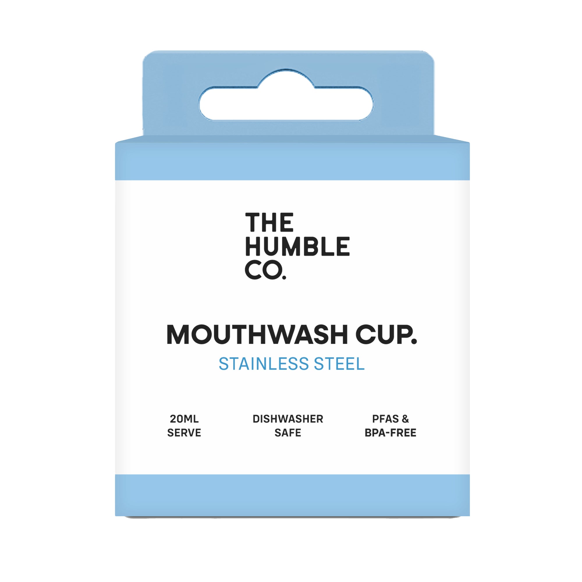 Packaging for a mouthwash cup with blue and white design.