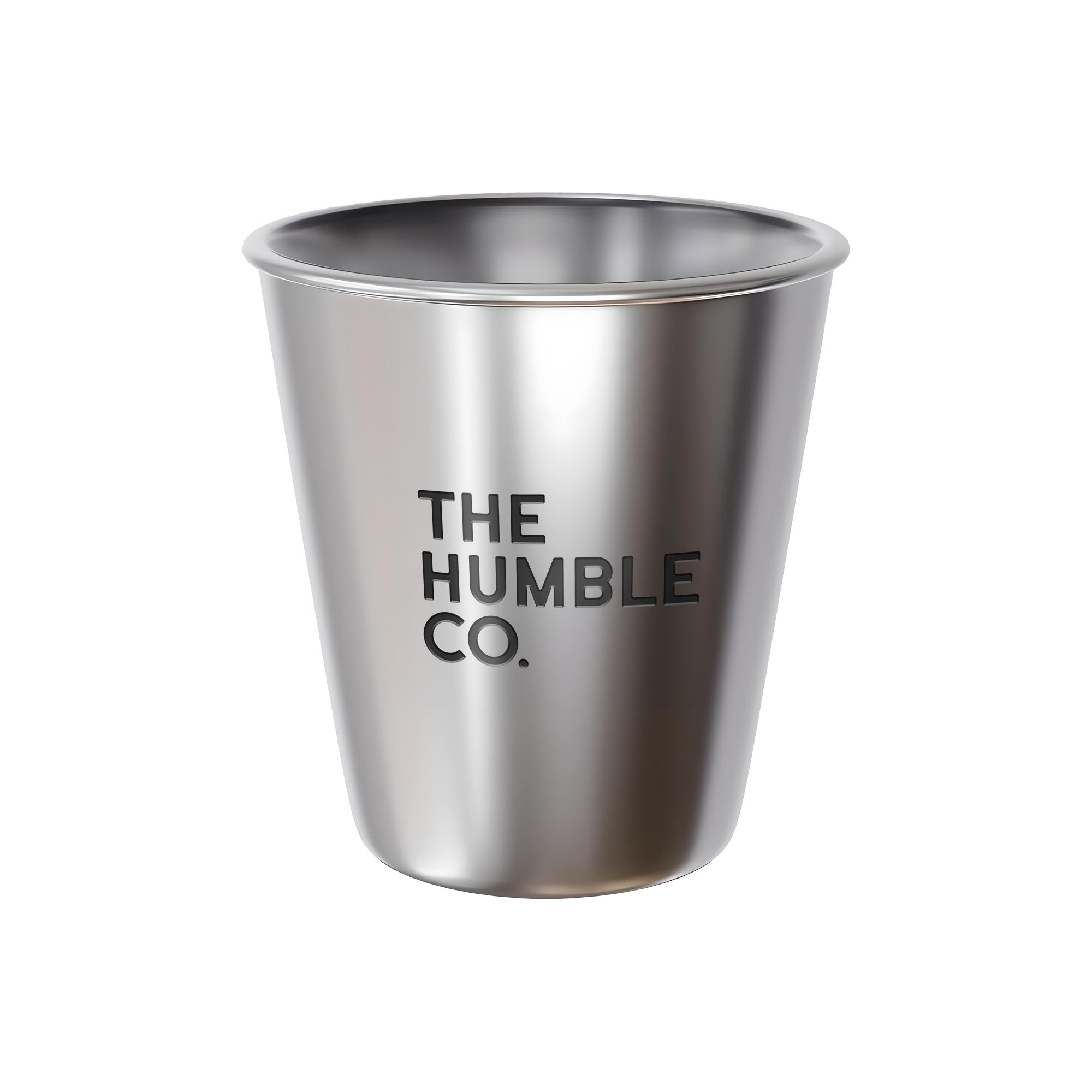 A stainless steel mouthwash cup with 'THE HUMBLE CO.' printed on the side.