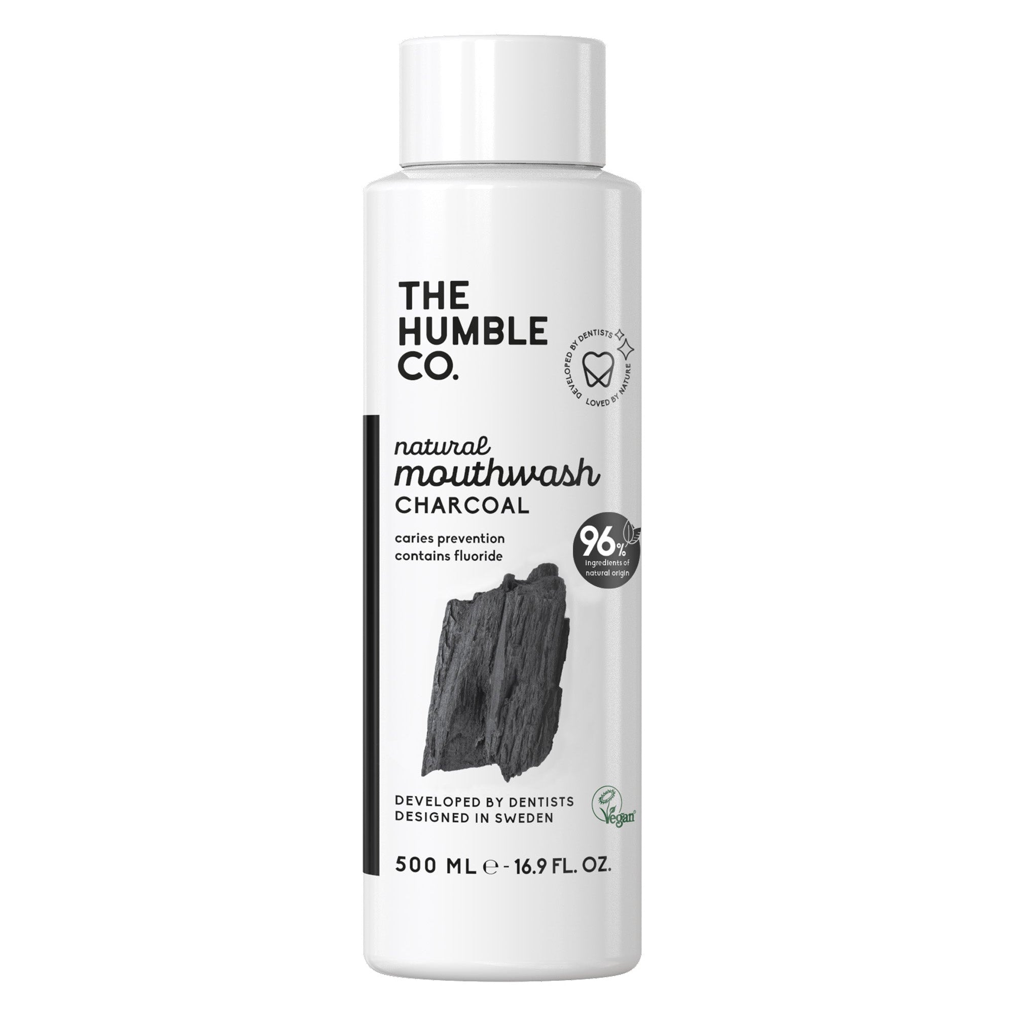 Bottle of The Humble Co. natural mouthwash charcoal on a white background