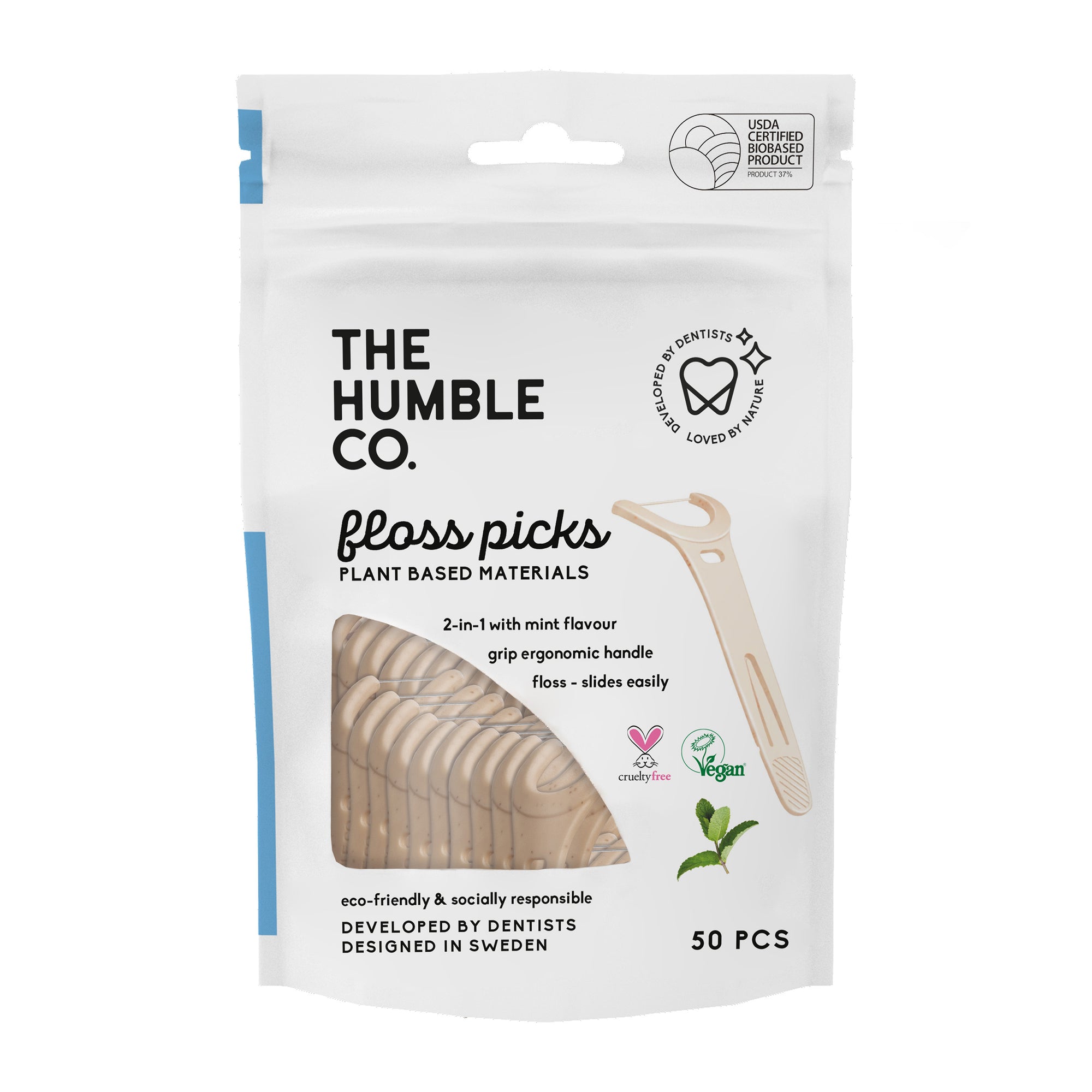 The Humble Co. floss picks shown in a biodegradable bag