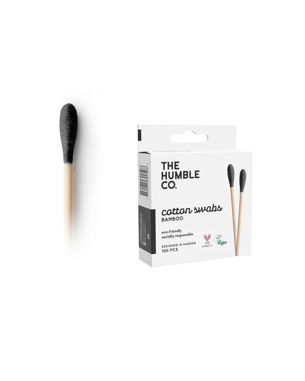 The Humble Co. black cotton swabs made from organic cotton and bamboo. A better al†ernative to normal cotton swabs.