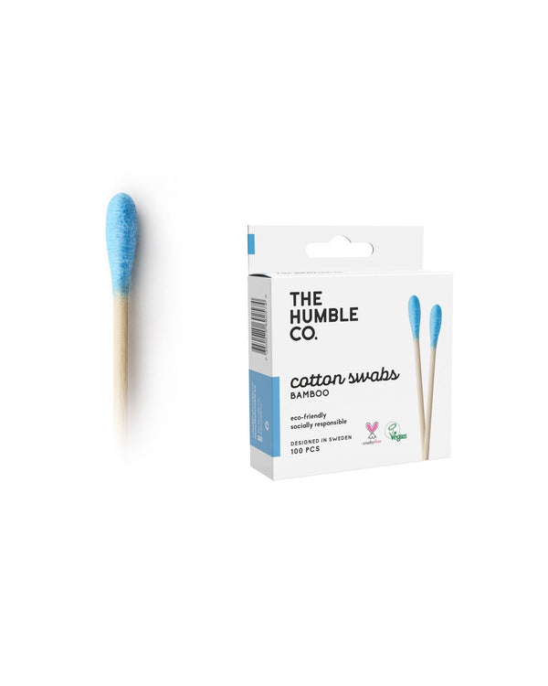 The Humble Co. blue cotton swabs made from organic cotton and bamboo. A better al†ernative to normal cotton swabs.