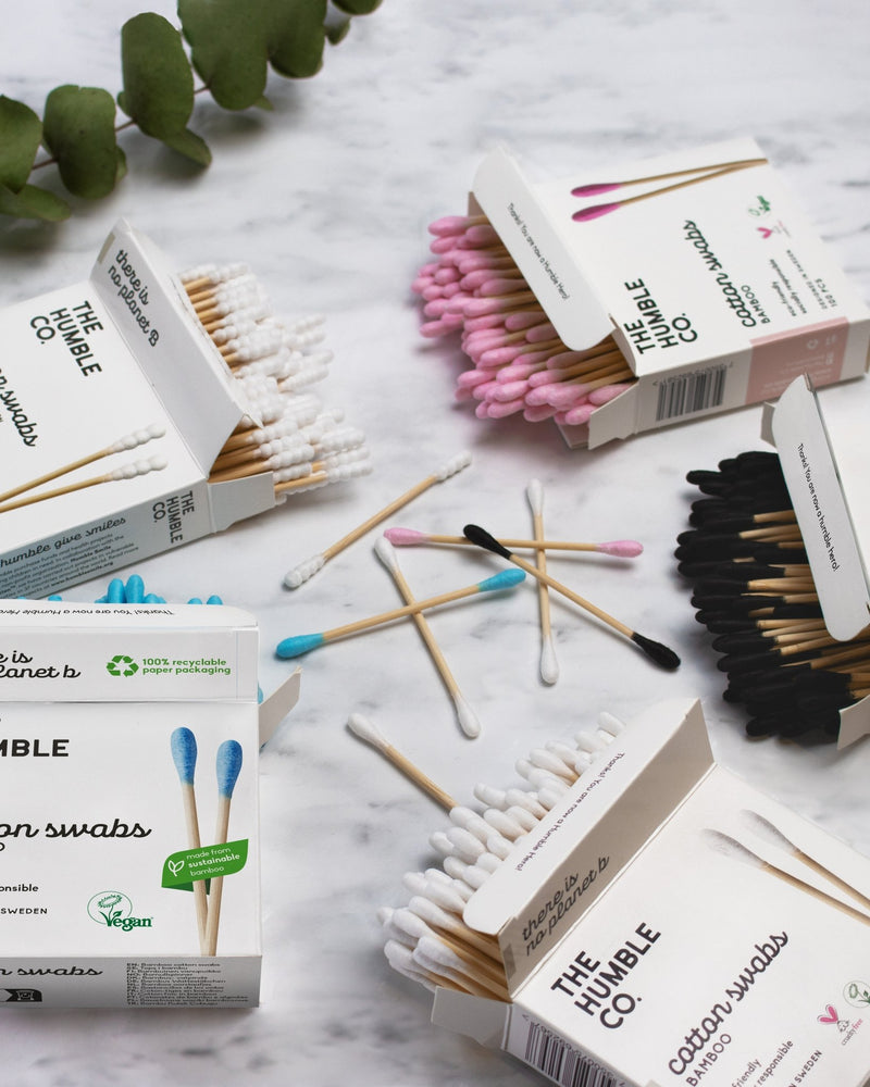 The Humble Co. Bamboo Cotton Swabs in different colours, a sustainable alternative to disposable cotton swabs.