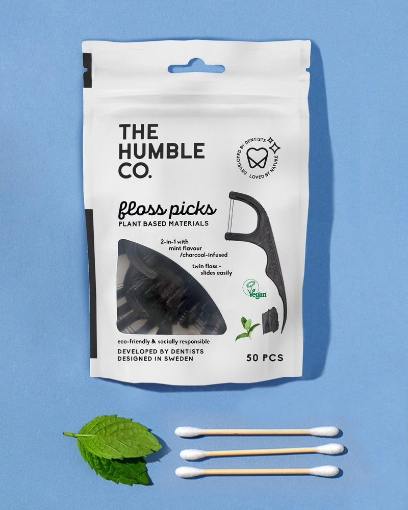Floss Picks - Charcoal (50 pack) - The Humble Co.