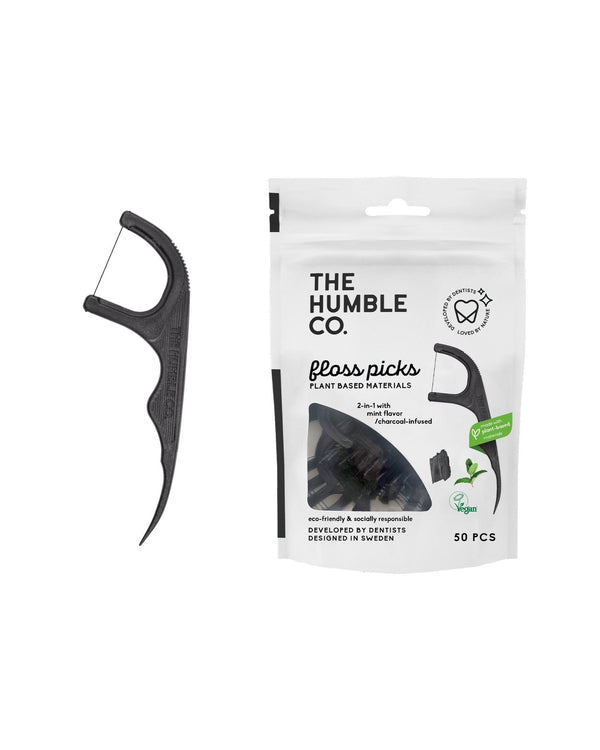 Floss Picks Single Thread - Charcoal (50 pack) - The Humble Co.